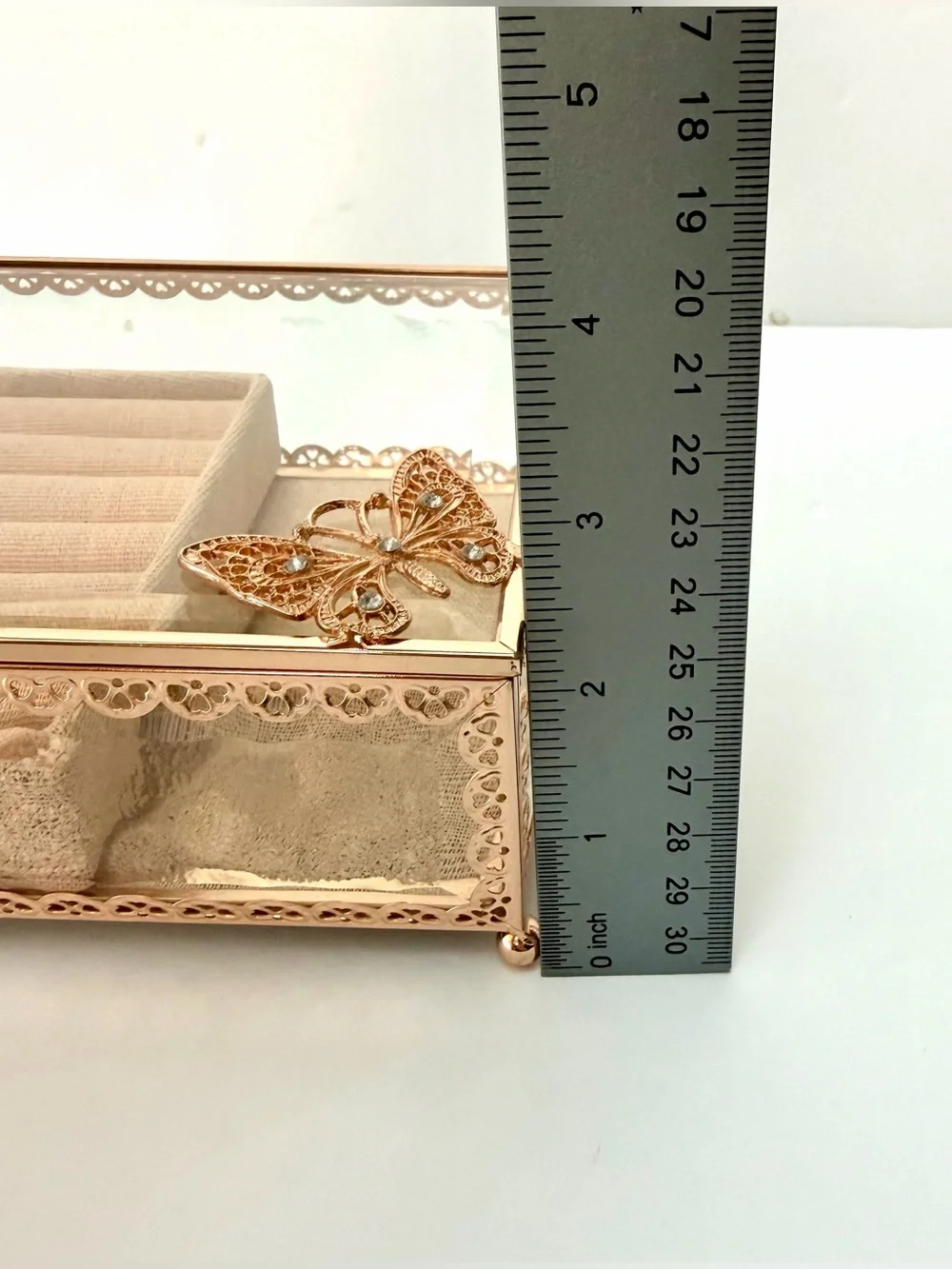 Rose Gold Glass Jewelry Box Butterfly Floral Design Ring Organizer Display Case